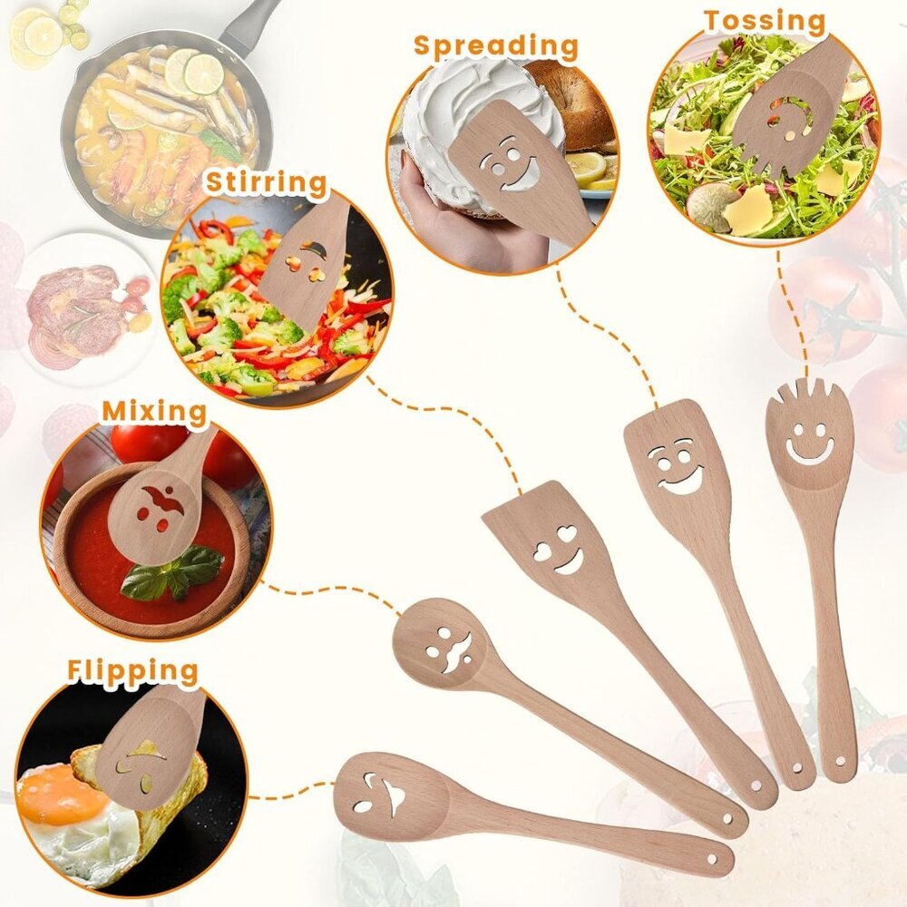 5PCS Wooden Spoons for Cooking, Funny Wooden Utensil Set Wood Spatulas with Smil - Picture 3 of 6